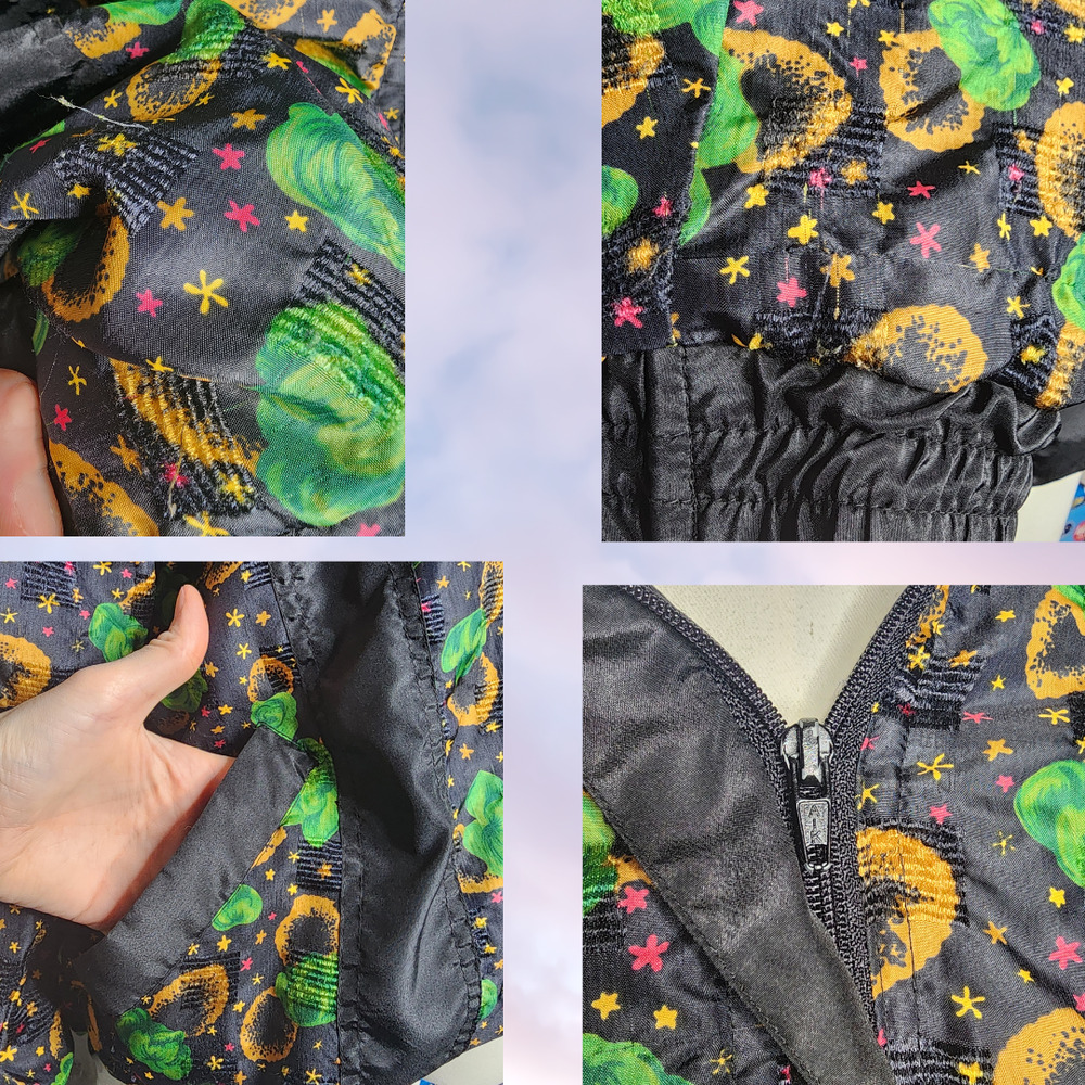 Vtg 80s Miramax Colorful Zip Up Windbreaker Floral Black Green Yellow Stars L - Picture 6 of 8